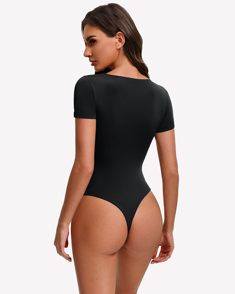 Black short-sleeve square-neck bodysuit, back view with high-cut legs