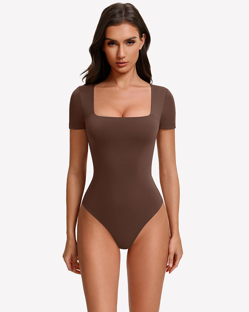 Brown short-sleeve square-neck bodysuit with fitted seamless silhouette