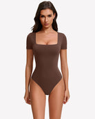 Brown short-sleeve square-neck bodysuit with fitted seamless silhouette