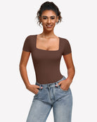 Brown short-sleeve square-neck bodysuit worn with jeans