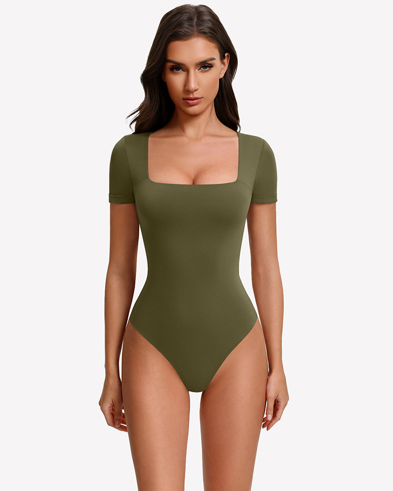 Square-neck short-sleeve bodysuit in army green, fitted one-piece with thong-style leg openings.
