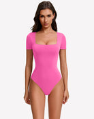 Pink short-sleeve square-neck bodysuit with smooth fitted shape