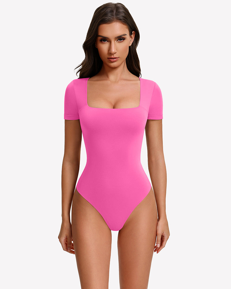 Pink short-sleeve square-neck bodysuit with smooth fitted shape