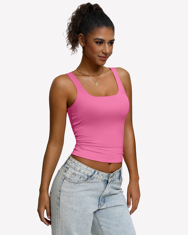 Pink square-neck backless tank top, slim fit with thin straps