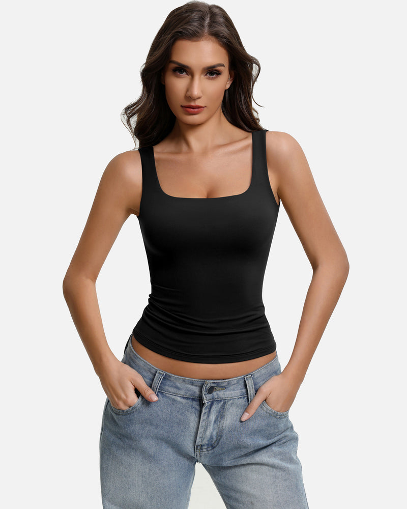 Black square-neck backless tank top, slim fit with thin straps
