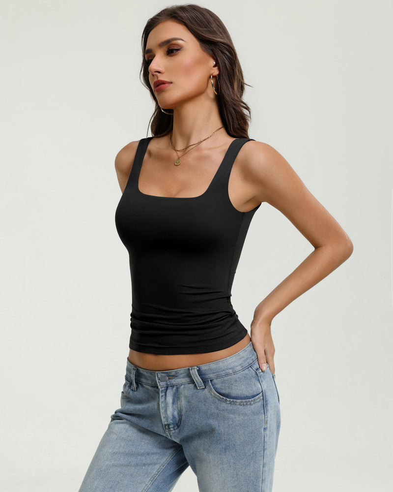 Black square-neck backless tank top, slim fit with thin straps