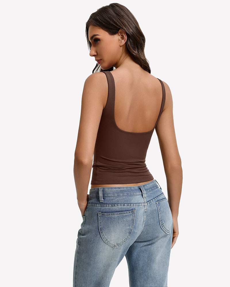 Brown square-neck backless tank top, slim fit in a scoop back view