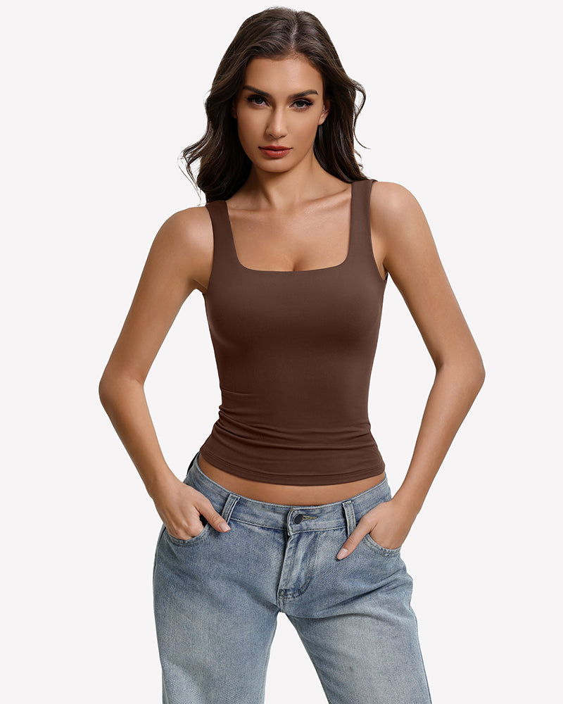 Brown square-neck backless tank top, slim fit with thin straps