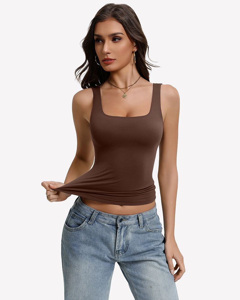 Brown square-neck backless tank top, slim fit with thin straps