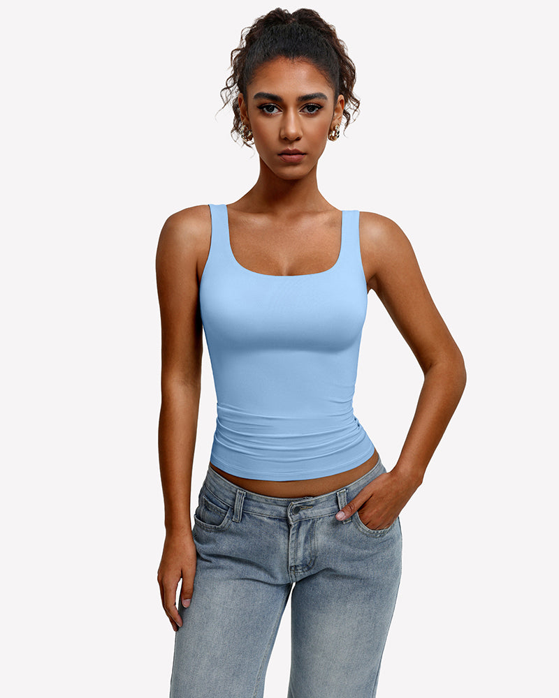 Light blue square-neck backless tank top, slim fit with thin straps