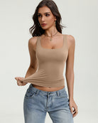 Beige square-neck backless tank top, slim fit with thin straps