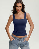 Navy square-neck backless tank top, slim fit with thin straps