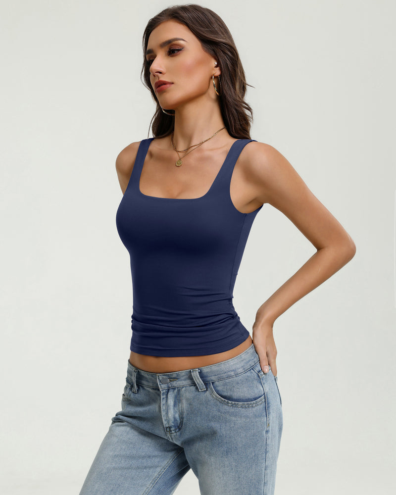 Navy square-neck sleeveless tank top with slim fit