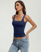 Navy square-neck sleeveless tank top with slim fit