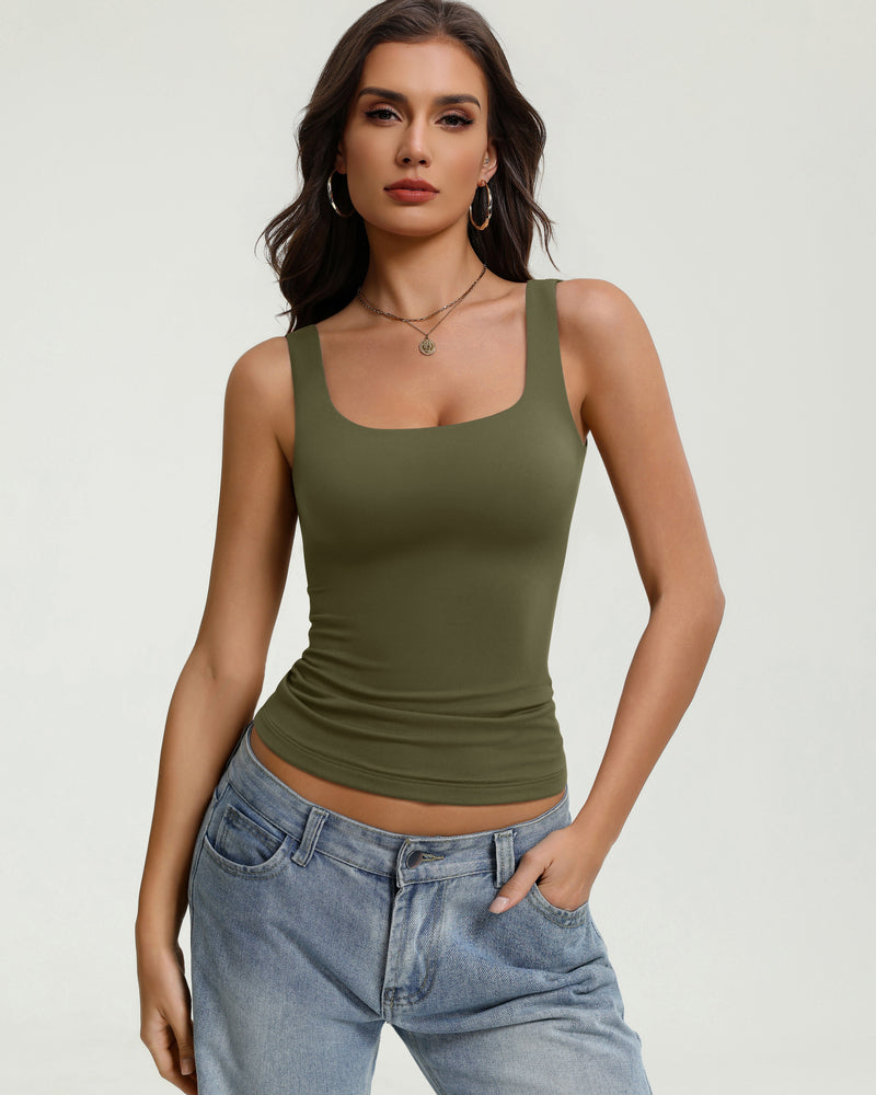 Army green square-neck sleeveless tank top with slim fit