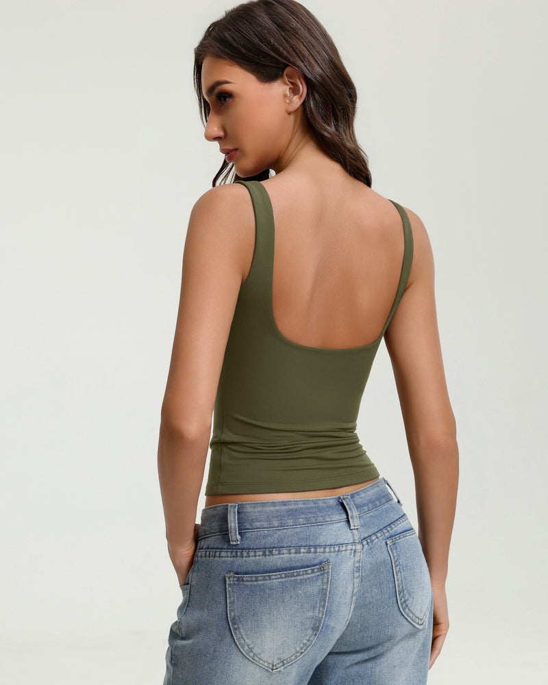Olive backless sleeveless tank top with square scoop back