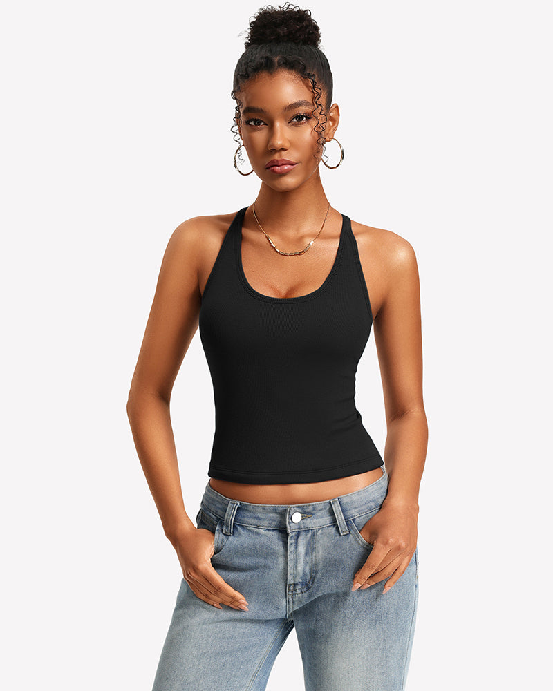 Black racerback tank top with built-in bra and removable pads