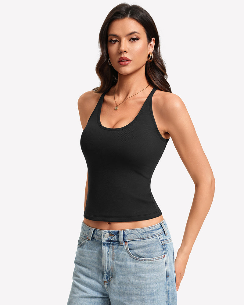 Black racerback tank top with built-in bra, scoop neckline, removable pads