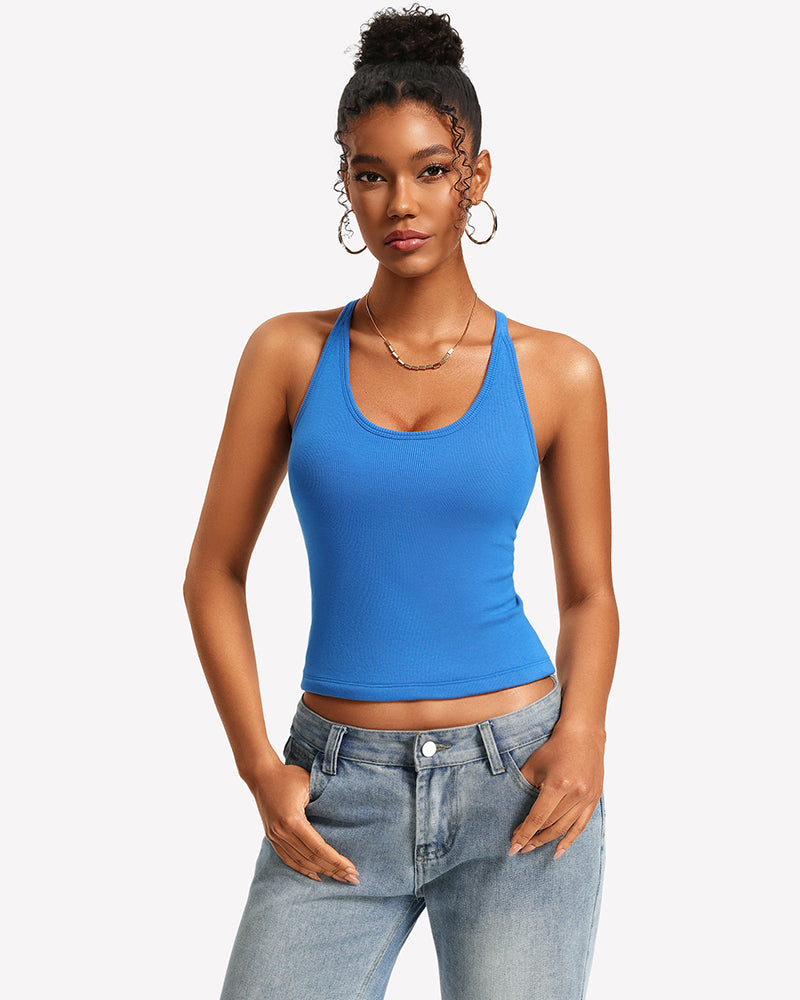 Blue ribbed racerback tank top with built-in bra and removable pads