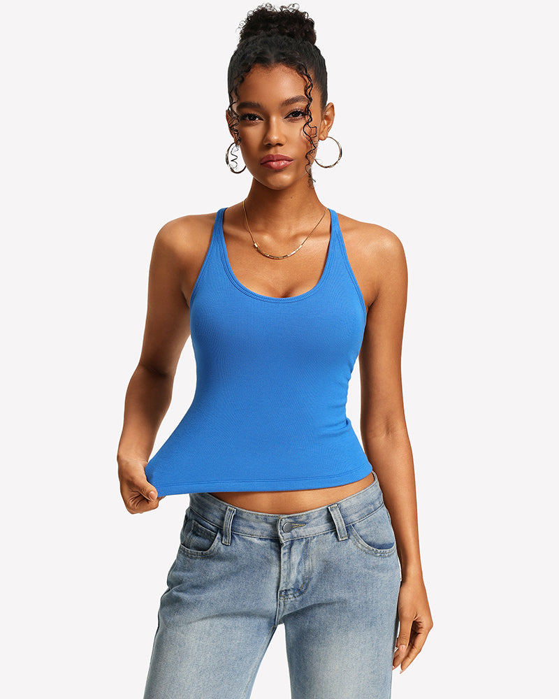 Blue racerback tank top with built-in bra and removable pads