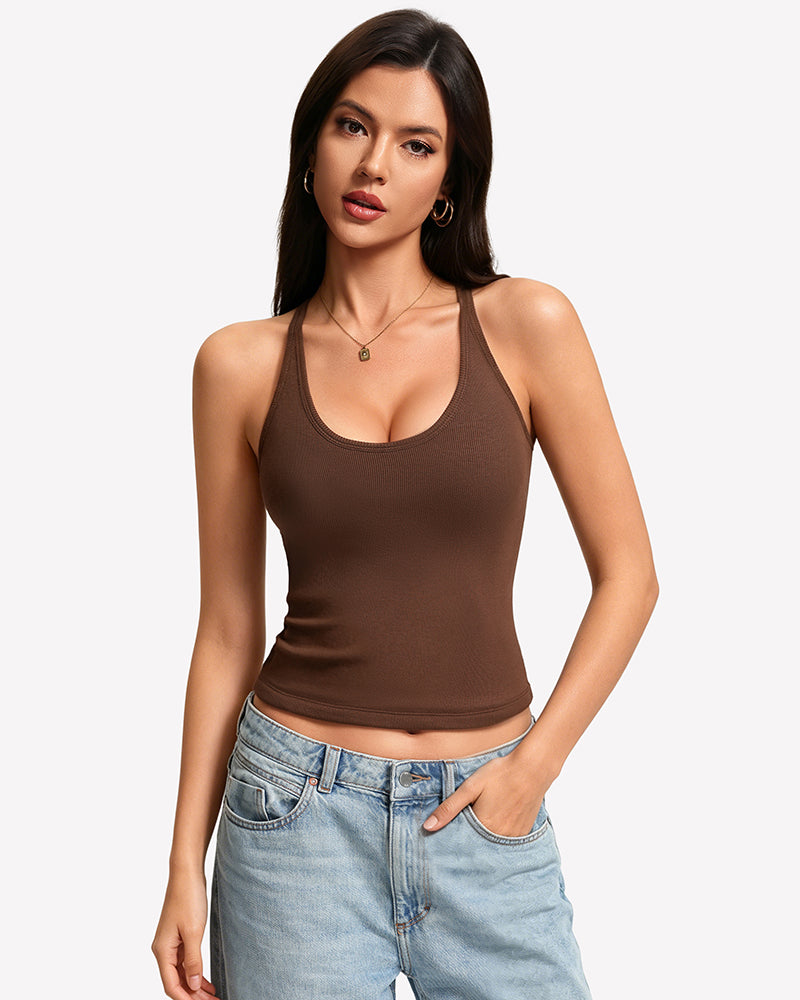 Brown racerback tank top with built-in bra and removable pads