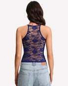 Blue lace racerback tank top with detailed lace back panel