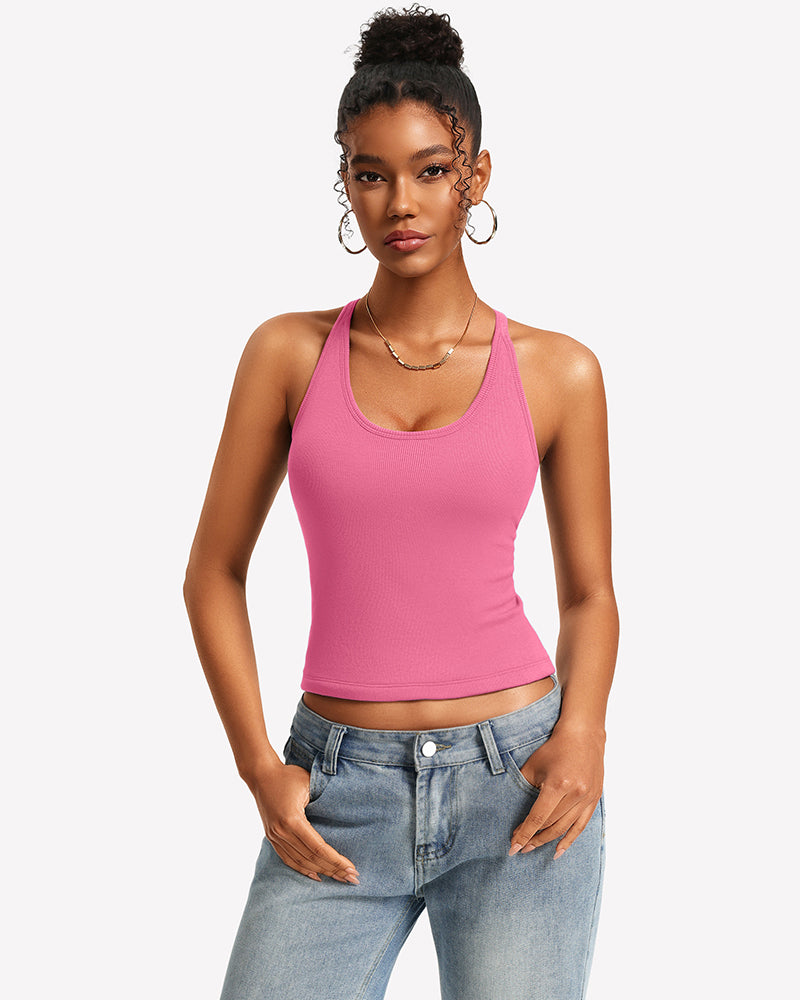 Pink ribbed racerback tank top with built-in bra and removable pads