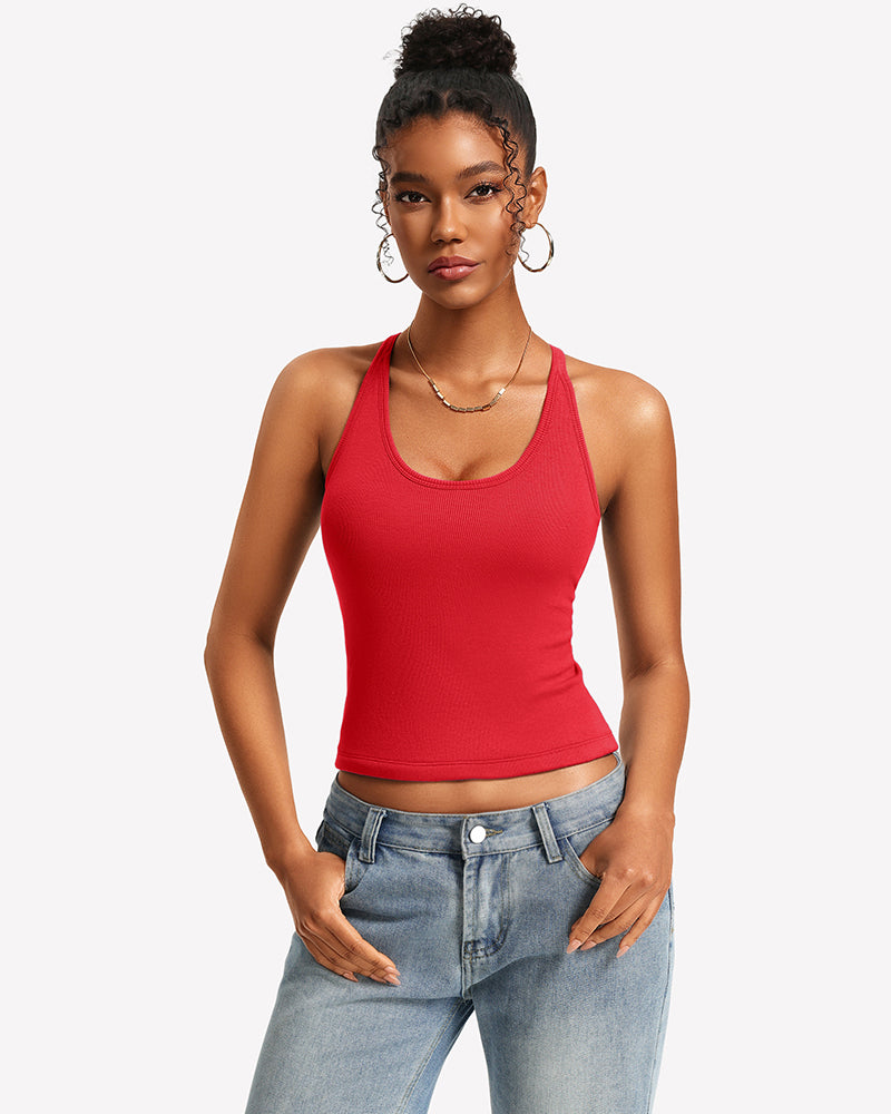 Red ribbed racerback tank top with built-in bra and removable pads