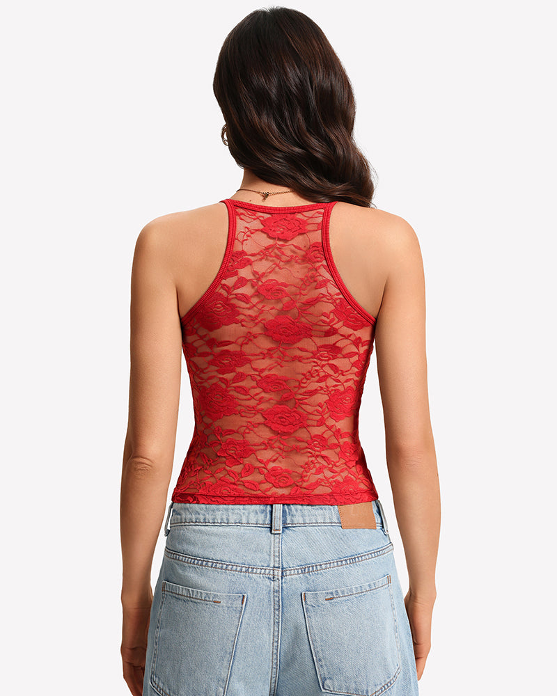 Ribbed lace racerback tank top with built-in bra, red back view