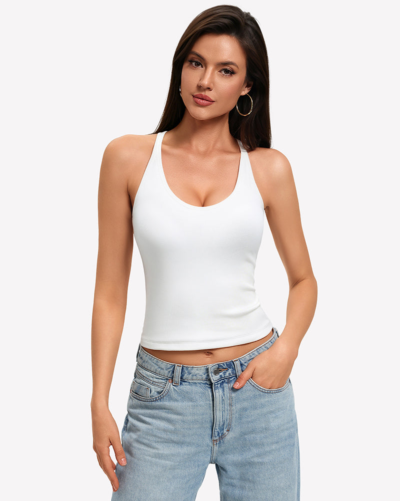 White scoop-neck tank top with built-in bra, front view