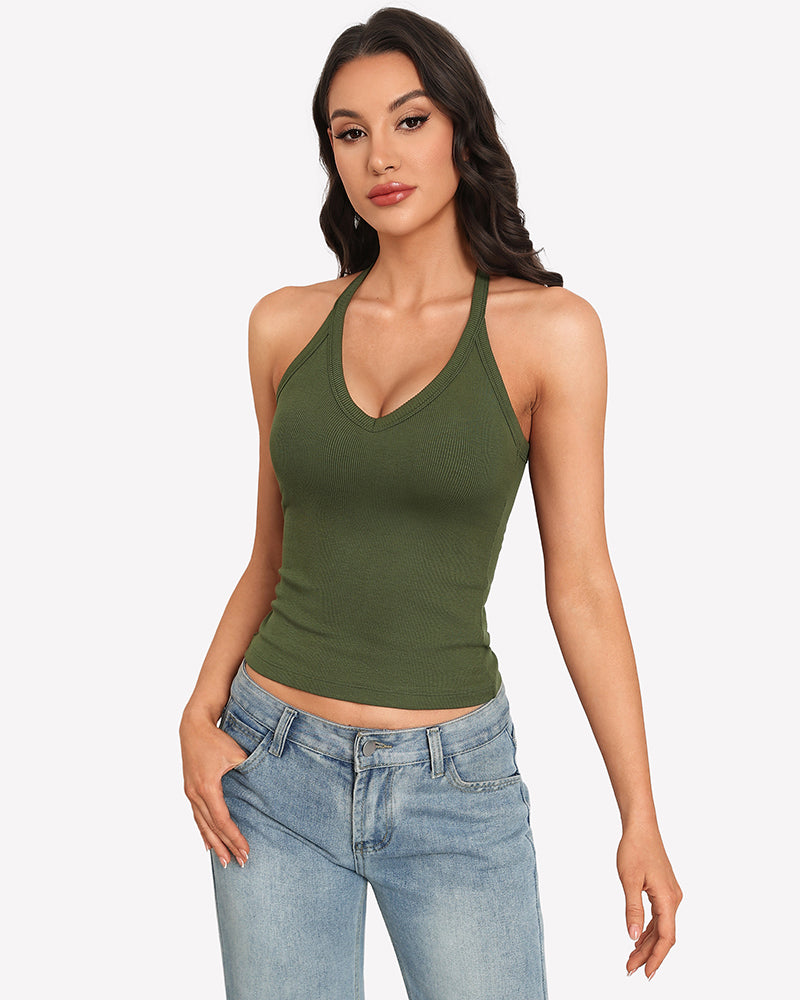 Olive green v-neck ribbed racerback fitted cami with built-in bra