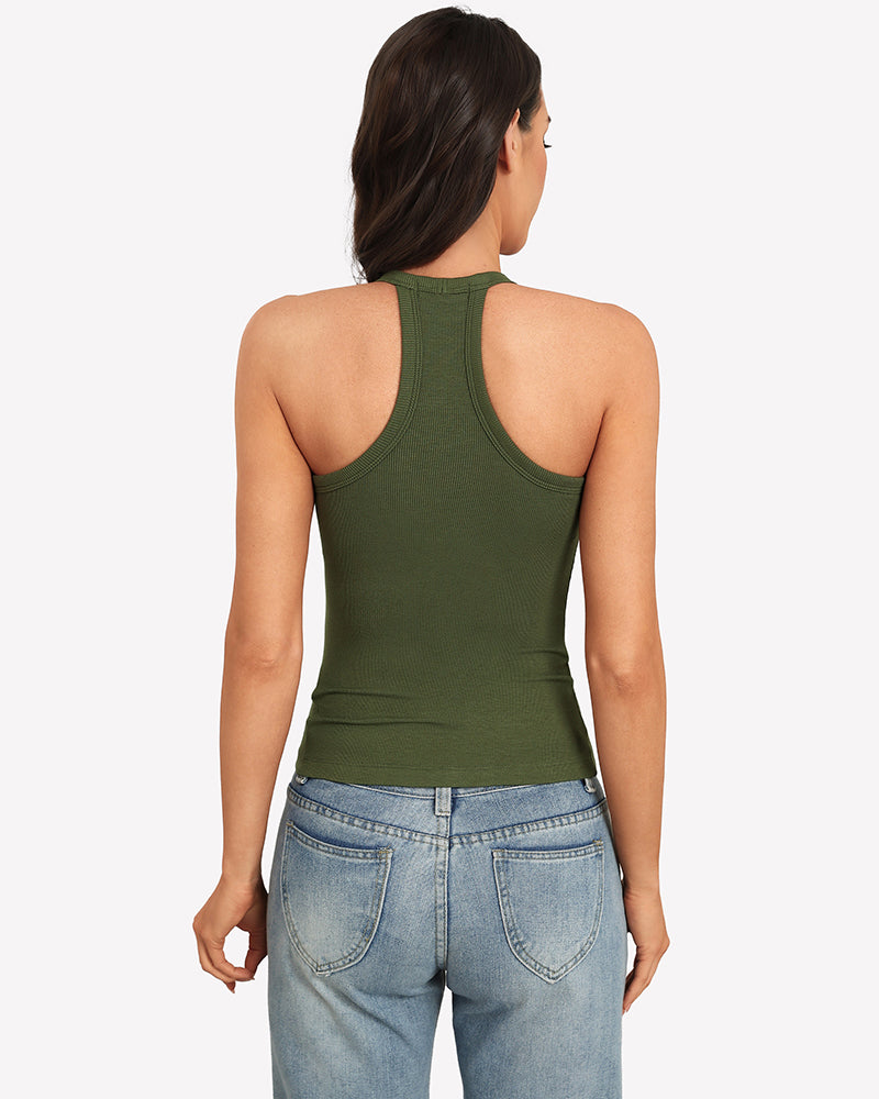 Olive green racerback tank cami with built-in bra, back view