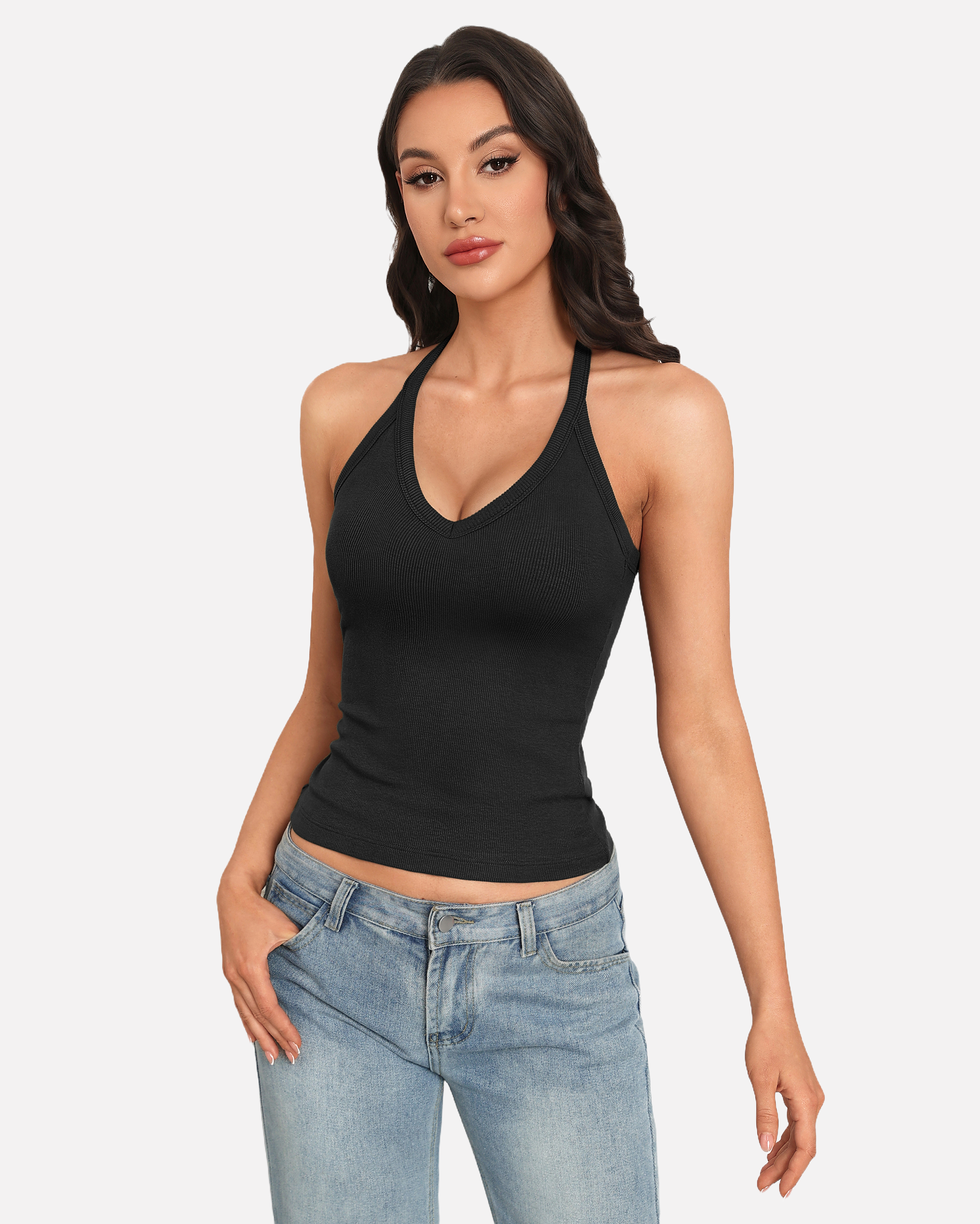 Black v-neck ribbed racerback tank with built-in bra, fitted cami.