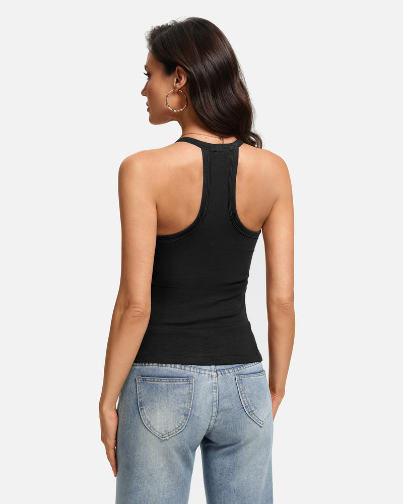 Black racerback tank with built-in bra, open-back view.