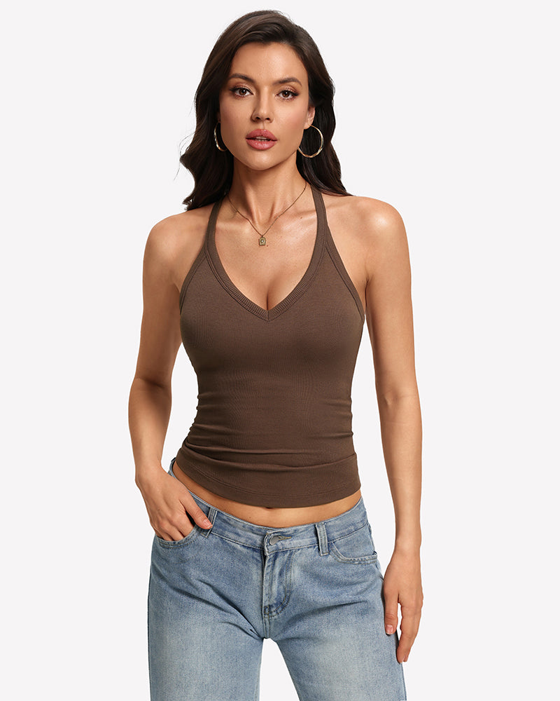 Brown v-neck fitted ribbed racerback tank with built-in bra.