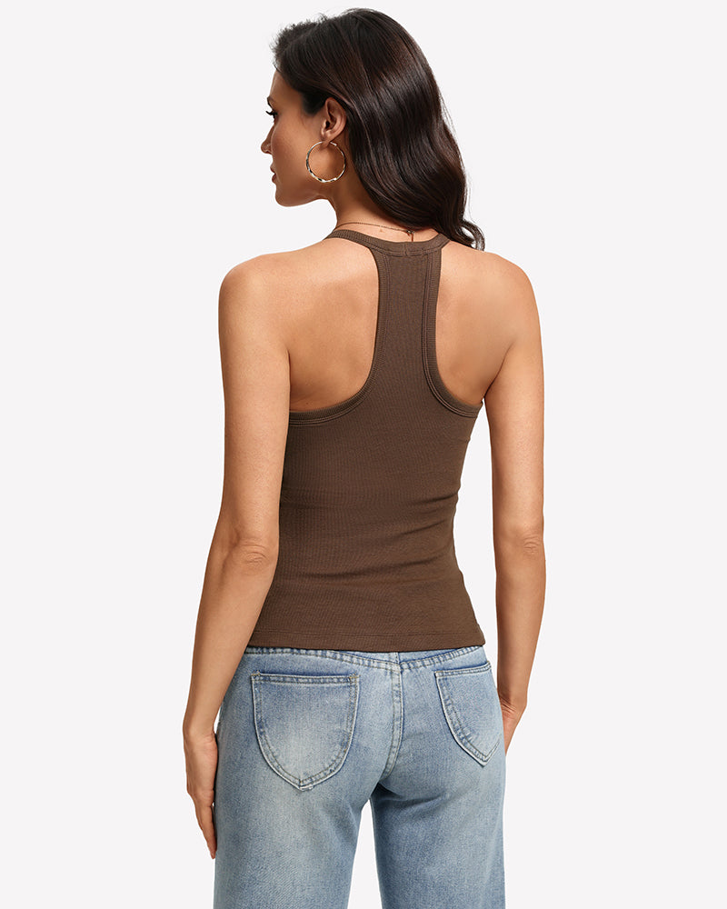 Brown racerback tank with built-in bra, open back view.