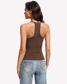 Brown racerback tank with built-in bra, open back view.