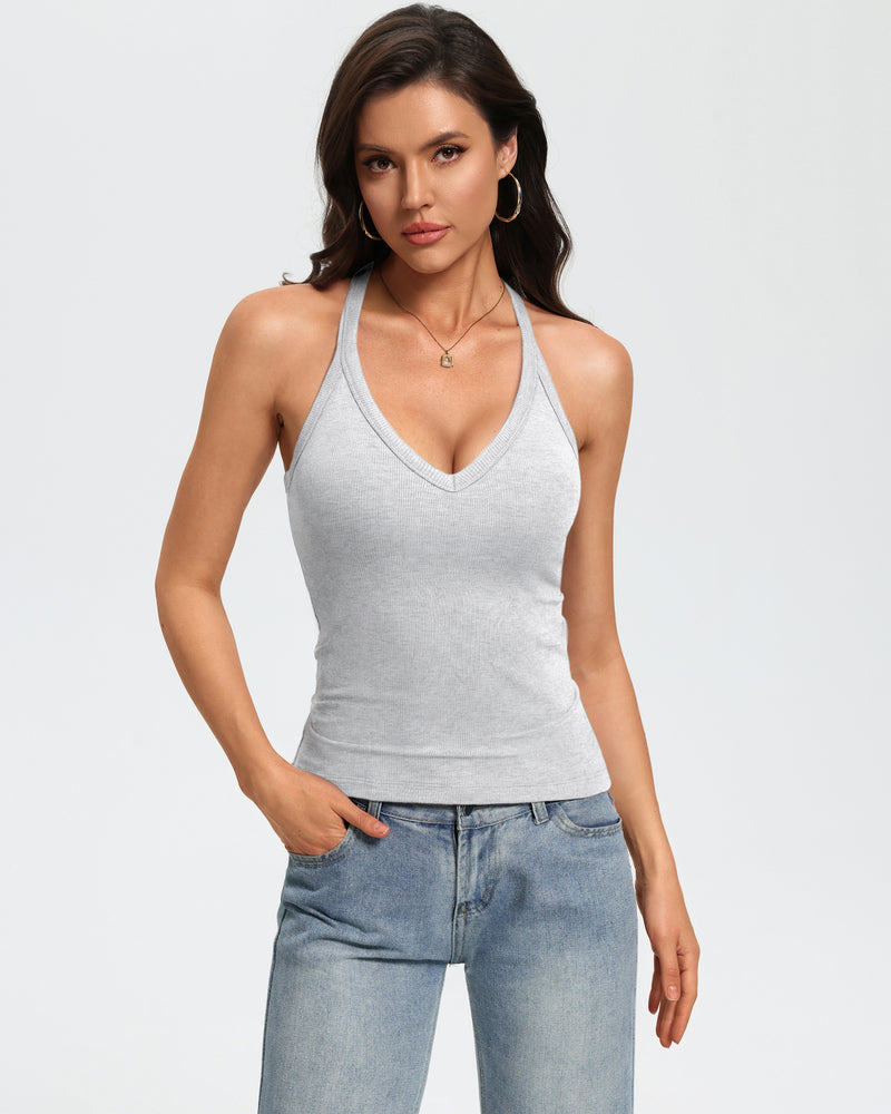 Light grey v-neck fitted ribbed racerback tank with built-in bra.
