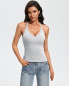 Light grey v-neck fitted ribbed racerback tank with built-in bra.
