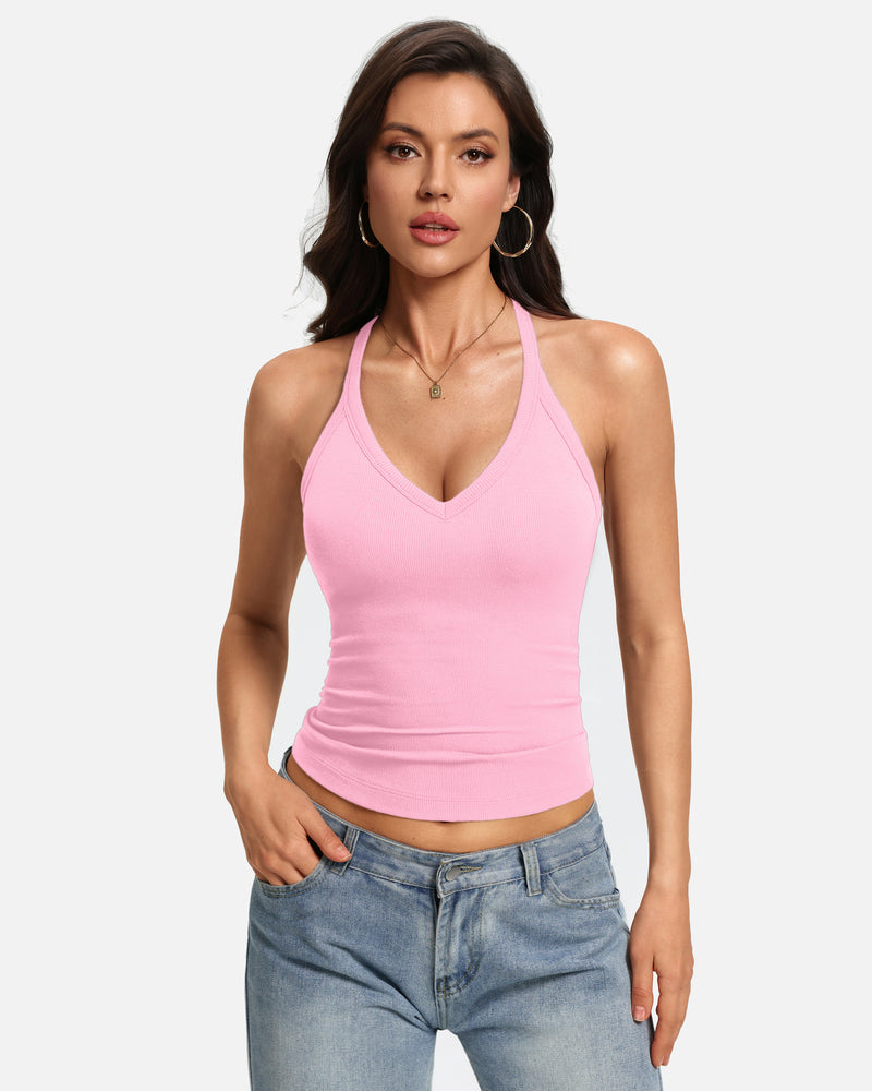 Pink v-neck fitted ribbed racerback tank with built-in bra.