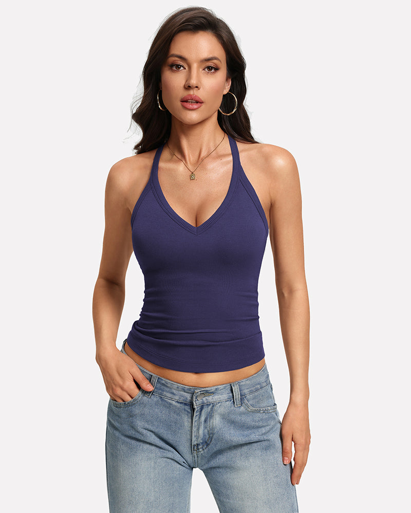 Navy blue v-neck fitted ribbed racerback tank with built-in bra.