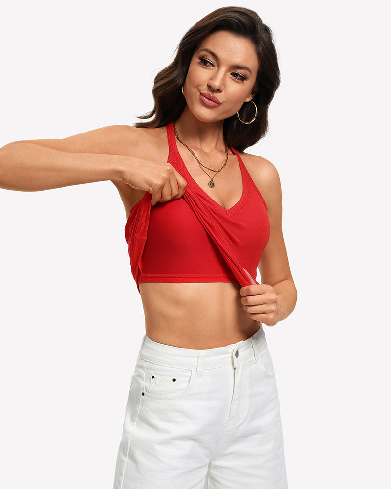 Red v-neck ribbed racerback fitted cami with built-in bra