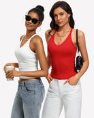 V-neck racerback tank tops with built-in bra: white and red