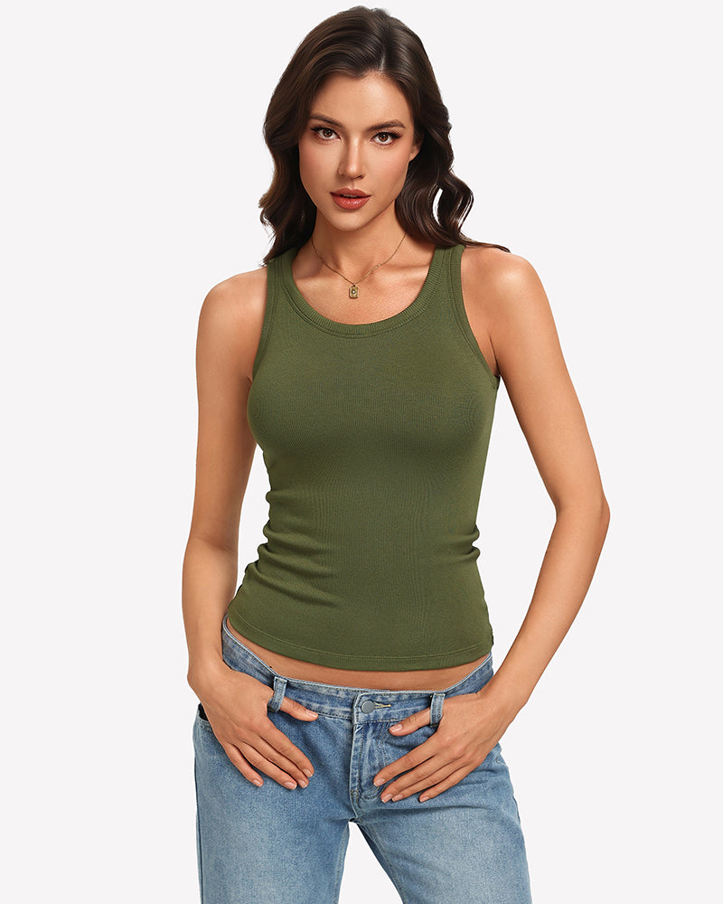 Olive green ribbed high-neck fitted tank top with built-in bra