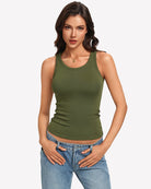 Olive green ribbed high-neck fitted tank top with built-in bra