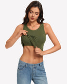 Olive green ribbed high-neck fitted tank top with built-in bra