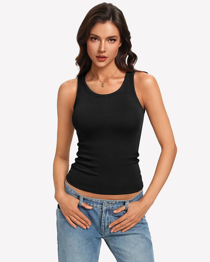Black ribbed high-neck fitted tank top with built-in bra
