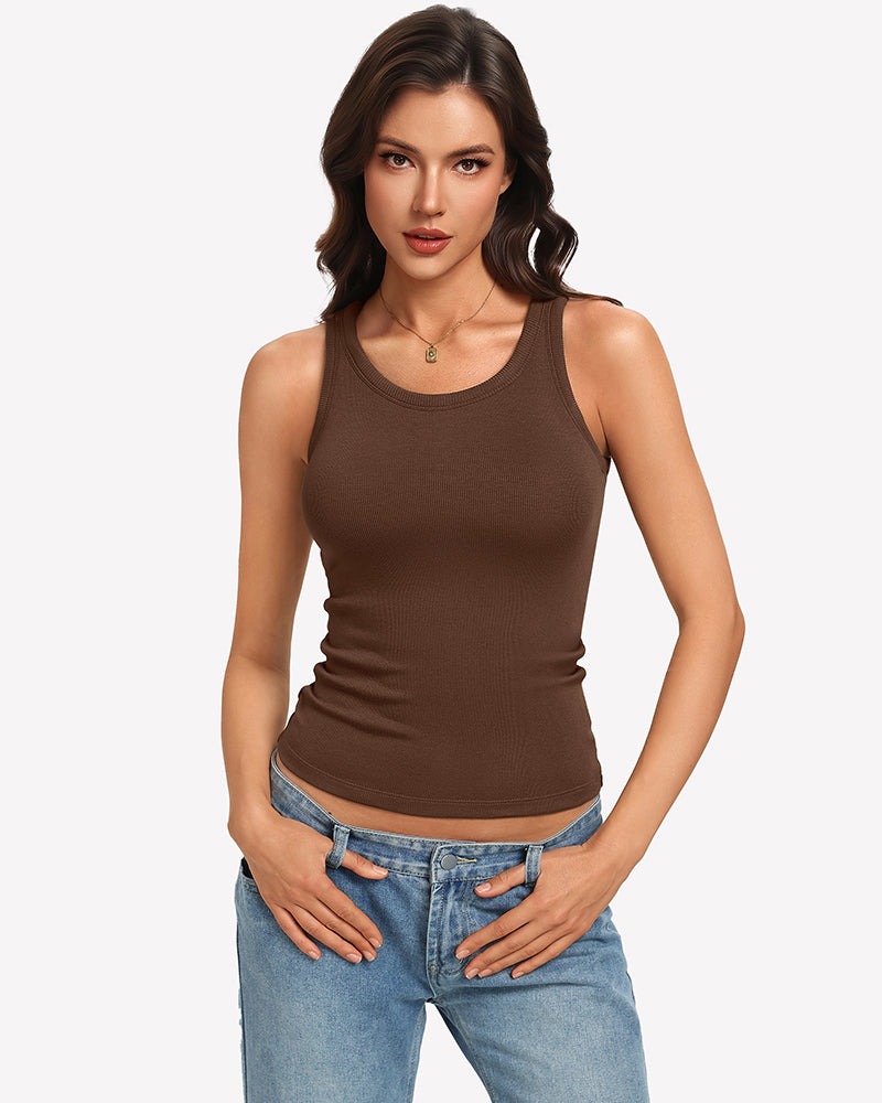 Brown ribbed high-neck fitted tank top with built-in bra