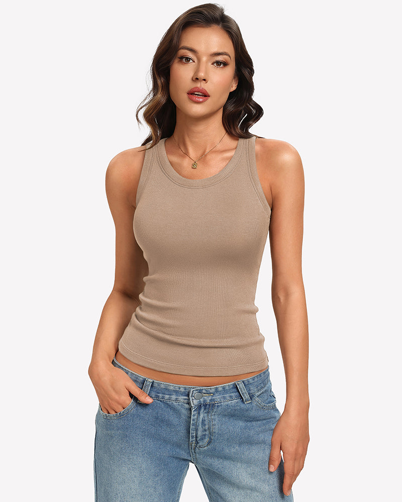 Nude beige ribbed high-neck fitted tank top with built-in bra
