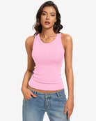 Pink ribbed high-neck fitted tank top with built-in bra